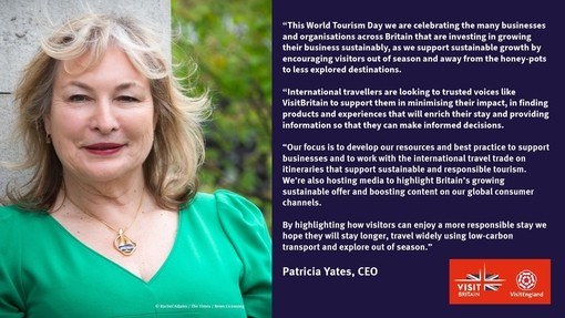 A World Tourism Day message graphic from Patricia Yates, CEO of VisitBritain