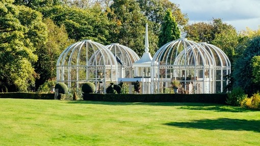 An arrangement of four large cage shaped orangeries on grass