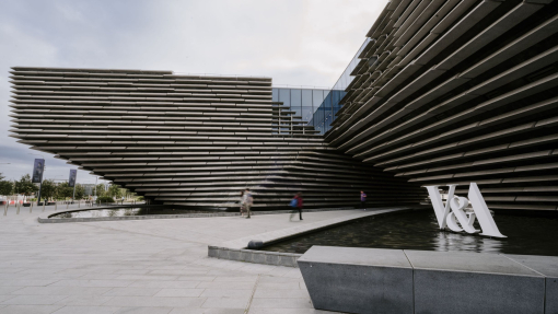 People walking past a modern museum.
