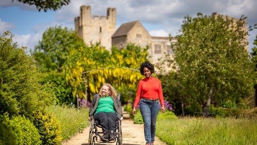 Two women walking through the garden, Helmsley Castle in the background