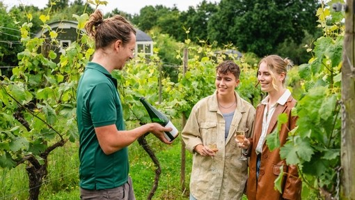 Two women enjoying a guided Vineyard tour and wine tasting experience