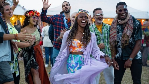 A group of friends having fun at a festival.
