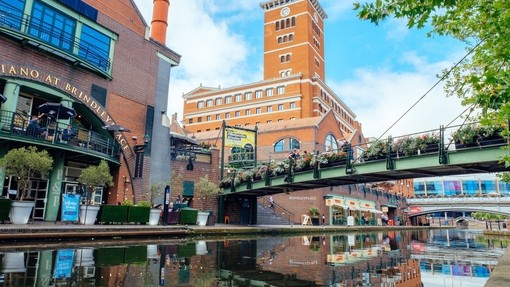 Bridges across a canal. One bridge line with flower beds
