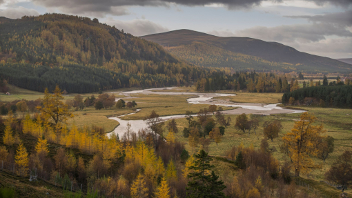Landscape shot of a countryside view with a mountain backdrop and a stream running through the centre.