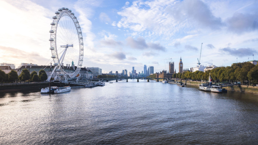 A river view to an observation wheel and a city skyline