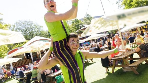 Two acrobats strike a pose at George Square during the Edinburgh Festival Fringe.