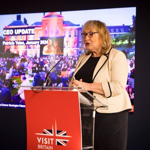 VisitBritain CEO Patricia Yates speaking at Showcase Britain 2024.