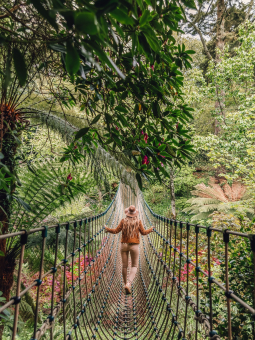 Young woman walking across a rope bridge surrounded by trees