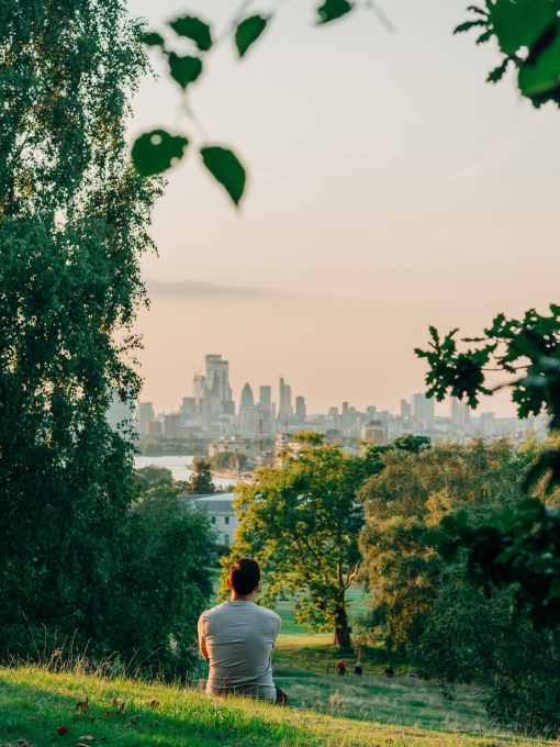 A London park at sunset with city background.