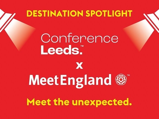 Poster with red background reading: Destination Spotlight, Conference Leeds & MeetEngland.