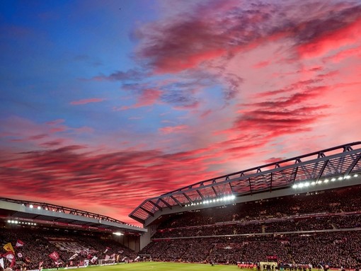 Red clouds in sunset over Anfield, home of Liverpool FC