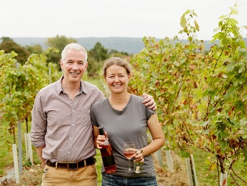 Couple standing in a vinyard holding wine