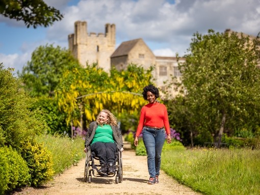 Two women walking through the garden, Helmsley Castle in the background