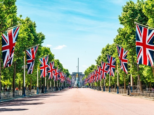 View to Buckingham Palace from the Mall showing union Jack flags