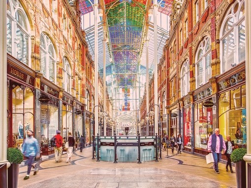 A view down a shopping street in Leeds' historic Victoria Quarter