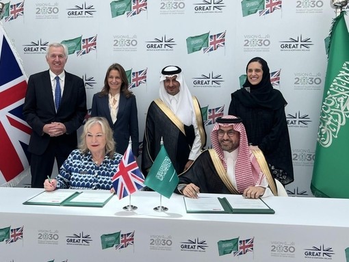VisitBritain Chairman Nick de Bois; UK Culture Secretary Lucy Fraser MP His Excellency The Minister of Tourism Ahmed Al-Khateeb.; Her Highness Vice Minister of Tourism Princess Haifa Al Saud attend the signing of a Declaration of Intent between VisitBritain and the Saudi Tourism Authority at GREAT Futures.