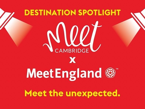 Poster with red background reading: Destination Spotlight, Meet Cambridge & MeetEngland.