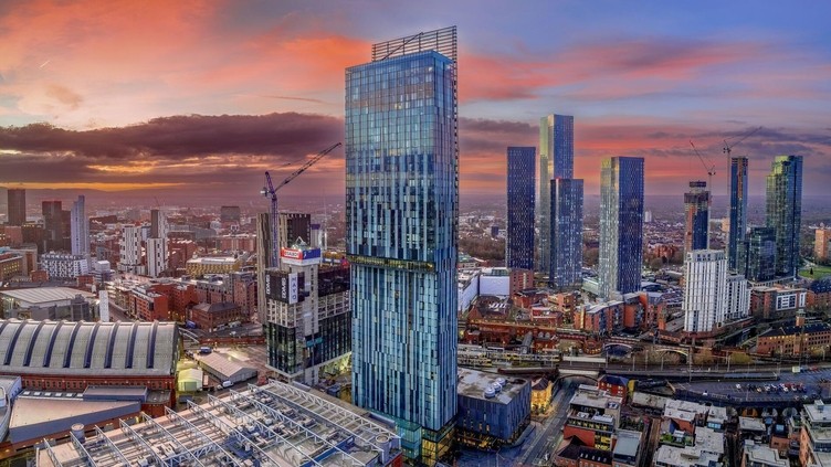 Aerial night view of Deansgate Square and Beetham Tower Manchester.