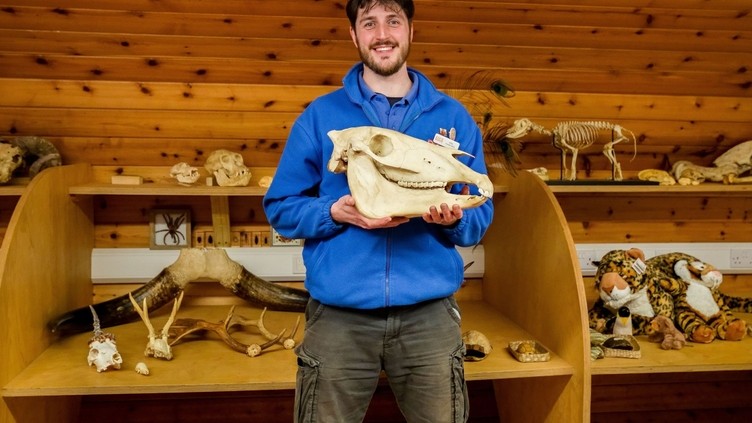 A man poses with an animal skull in his hands