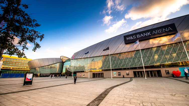 Exterior view of an event arena with sign reading: M&S Bank Arena