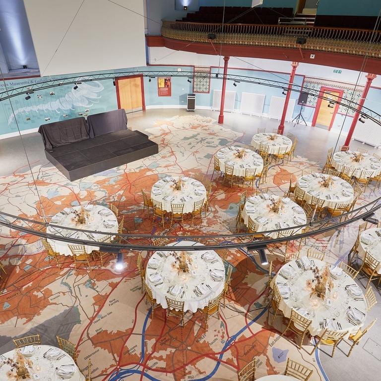 An empty conference space set up ready for an event.