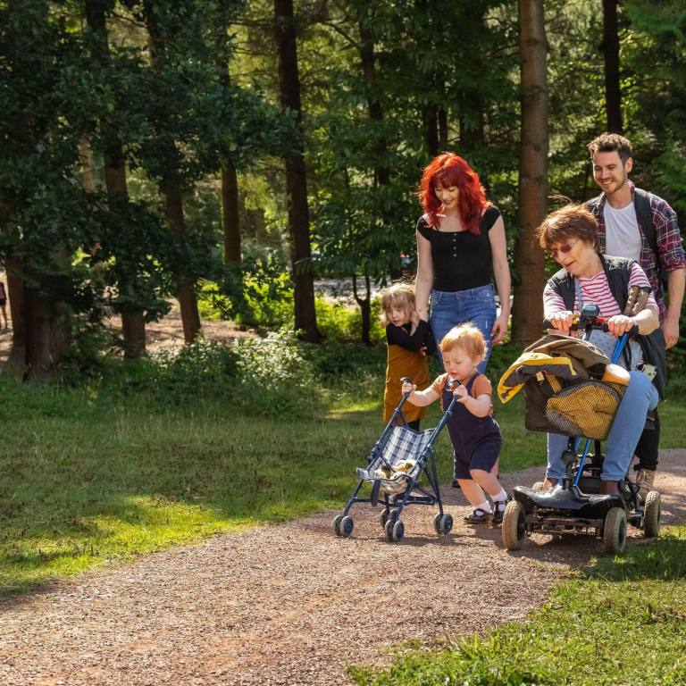 A family with kids and elderly woman on a mobility scooter walking through a path in a large forest.