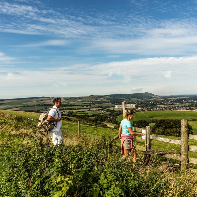 Walkers on a path near a direction signpost and a style.