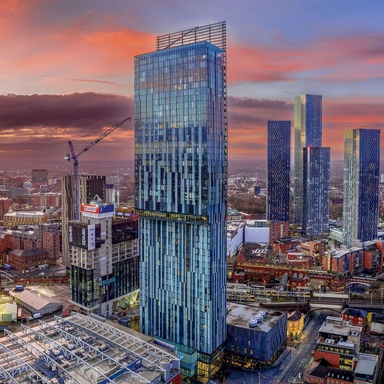 Aerial night view of Deansgate Square and Beetham Tower Manchester.