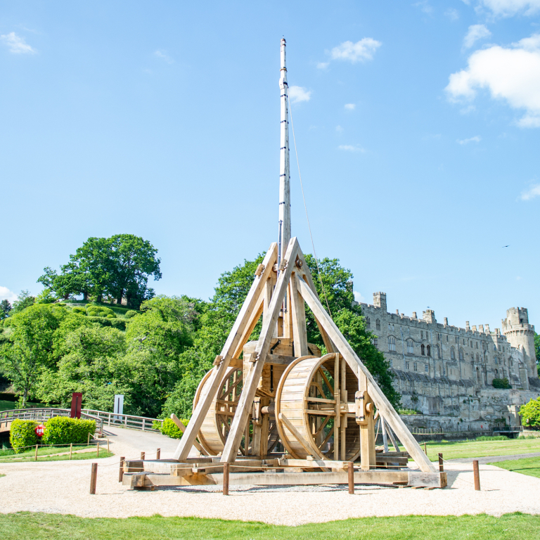 A historic trebuchet on display at Warwick Castle
