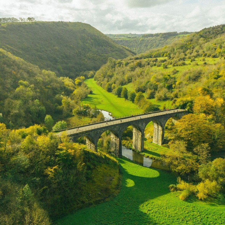 Aerial view of stone arch bridge crossing over greenery
