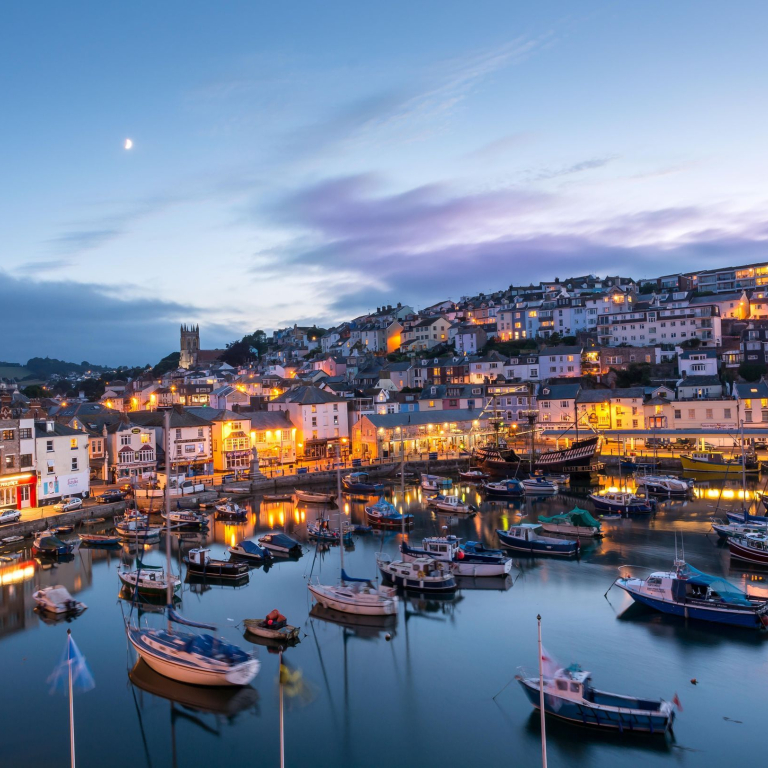 A beautiful evening dusk view over a quaint English village and harbour