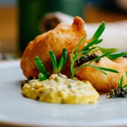 Gourmet plated food at an organic fine dining restaurant.