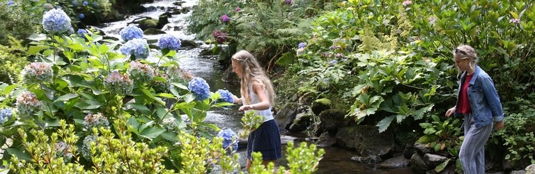 Friends crossing a stream in a floral garden.