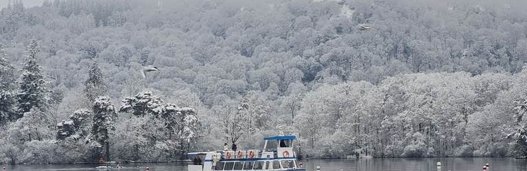 A boat cruising on a lake in winter, snow covering the surrounding woods