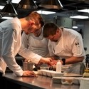Chefs working in the restaurant kitchen at Whatley Manor, Malmesbury